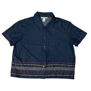 Lindsey Scott Womens Blue Denim Studded Embroidered Button Down Shirt XL 748142